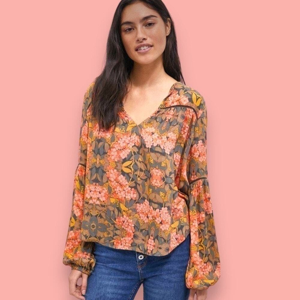 Anthropologie Love the Label Heloise Peasant Blouse Coral Boho Cottagecore M